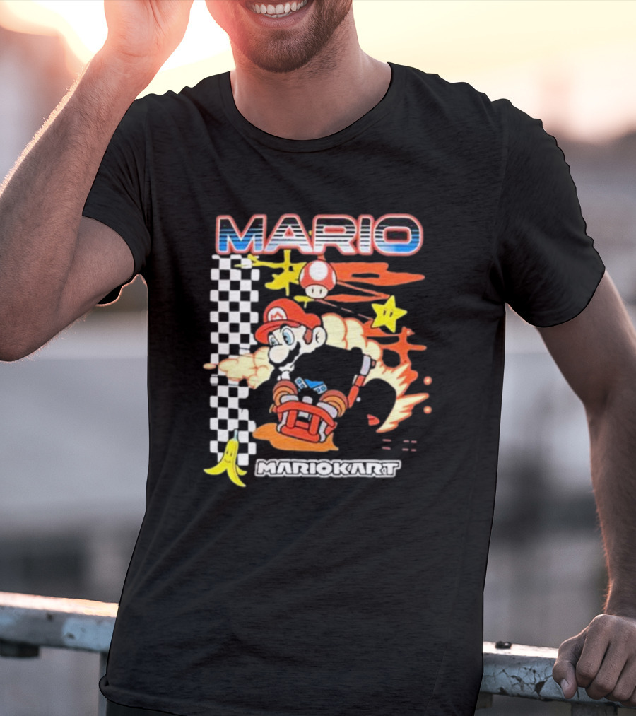 Mario Kart Racing Finish Line Checkered Flag Banana Stars T-Shirt