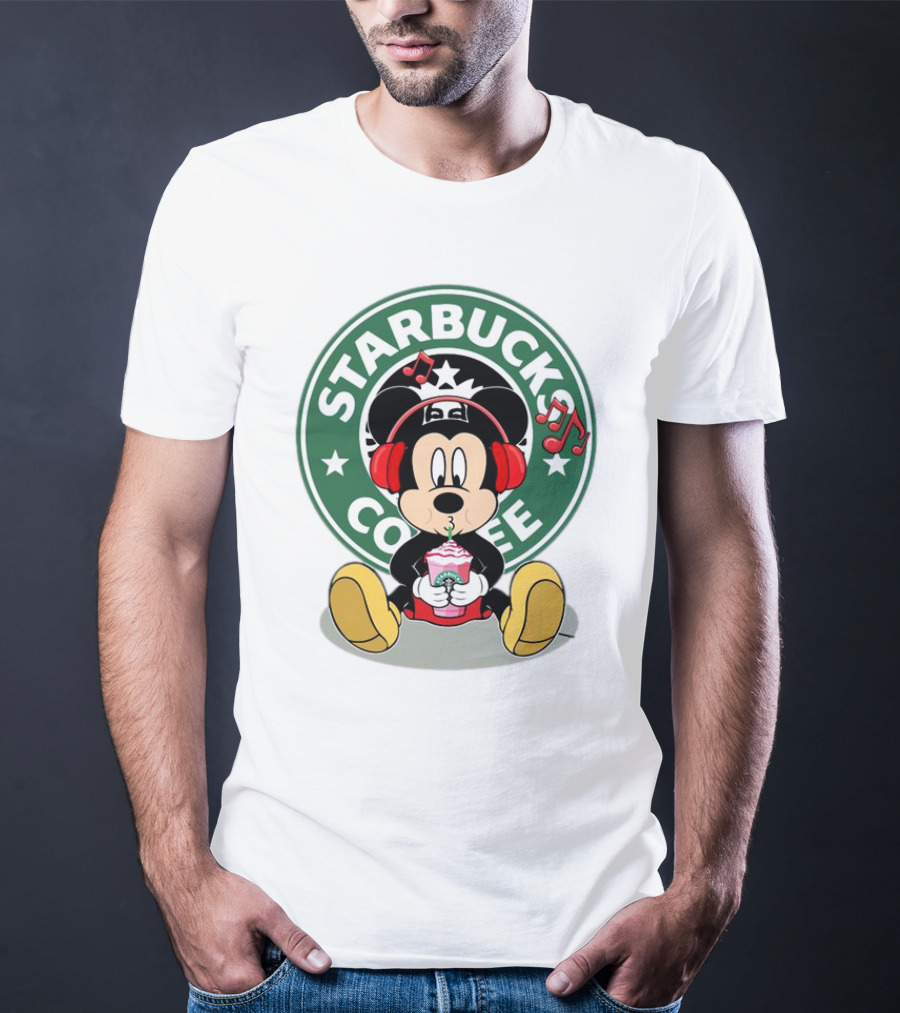 Mickey Mouse Listening To Music With Starbucks Coffee Cup T-Shirt