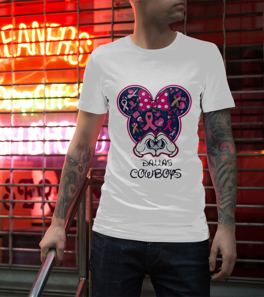 Minnie Mouse Pink Ribbon Heart Hands Dallas Cowboys Breast Cancer Awareness T-Shirt