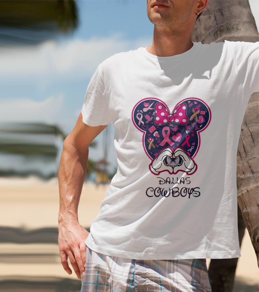 Minnie Mouse Pink Ribbon Heart Hands Dallas Cowboys Breast Cancer Awareness T-Shirt
