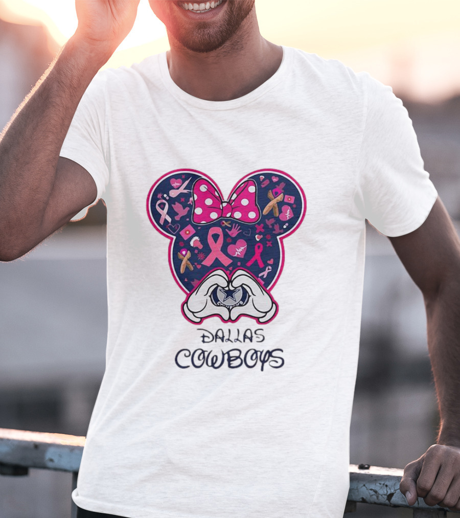 Minnie Mouse Pink Ribbon Heart Hands Dallas Cowboys Breast Cancer Awareness T-Shirt