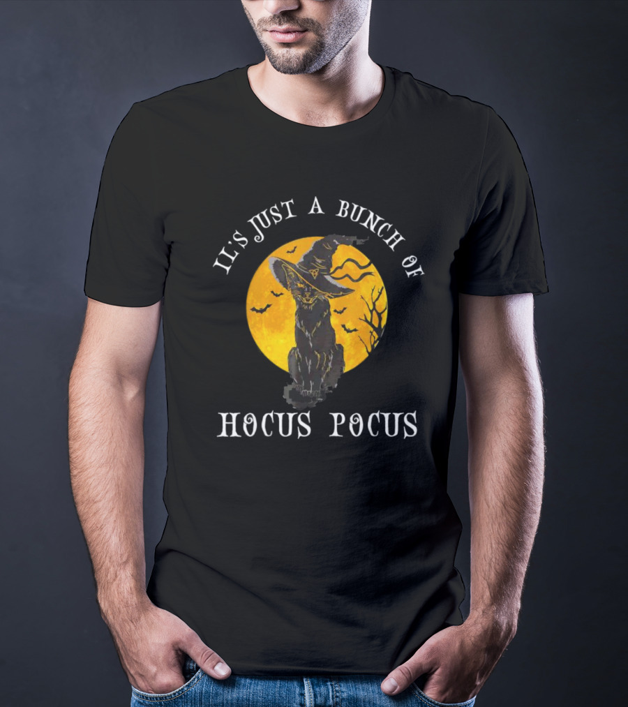 It's Just A Bunch Of Hocus Pocus Halloween Black Cat And Witch Hat With Full Moon T-Shirt