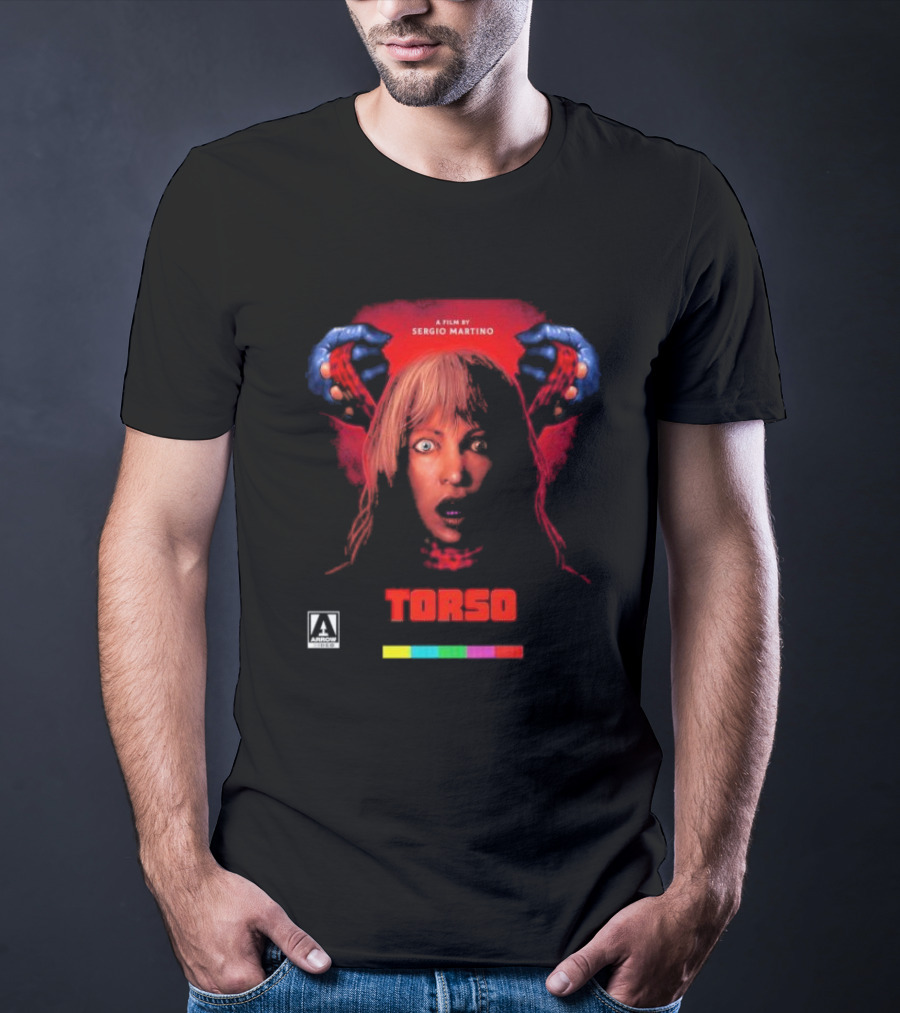 A Film By Sergio Martino Torso Horror Classic With Frightened Woman And Hands In Red And Blue T-Shirt