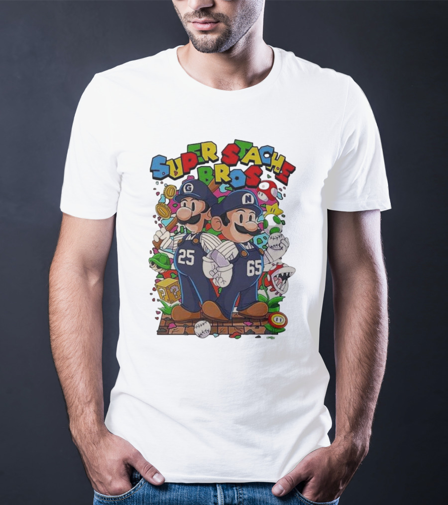 Super Stache Bros Numbers 25 And 65 Baseball Mario T-Shirt