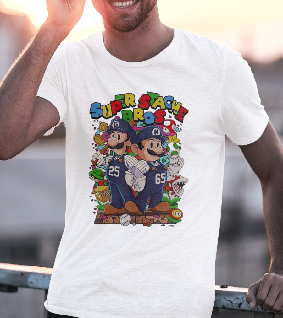 Super Stache Bros Numbers 25 And 65 Baseball Mario T-Shirt