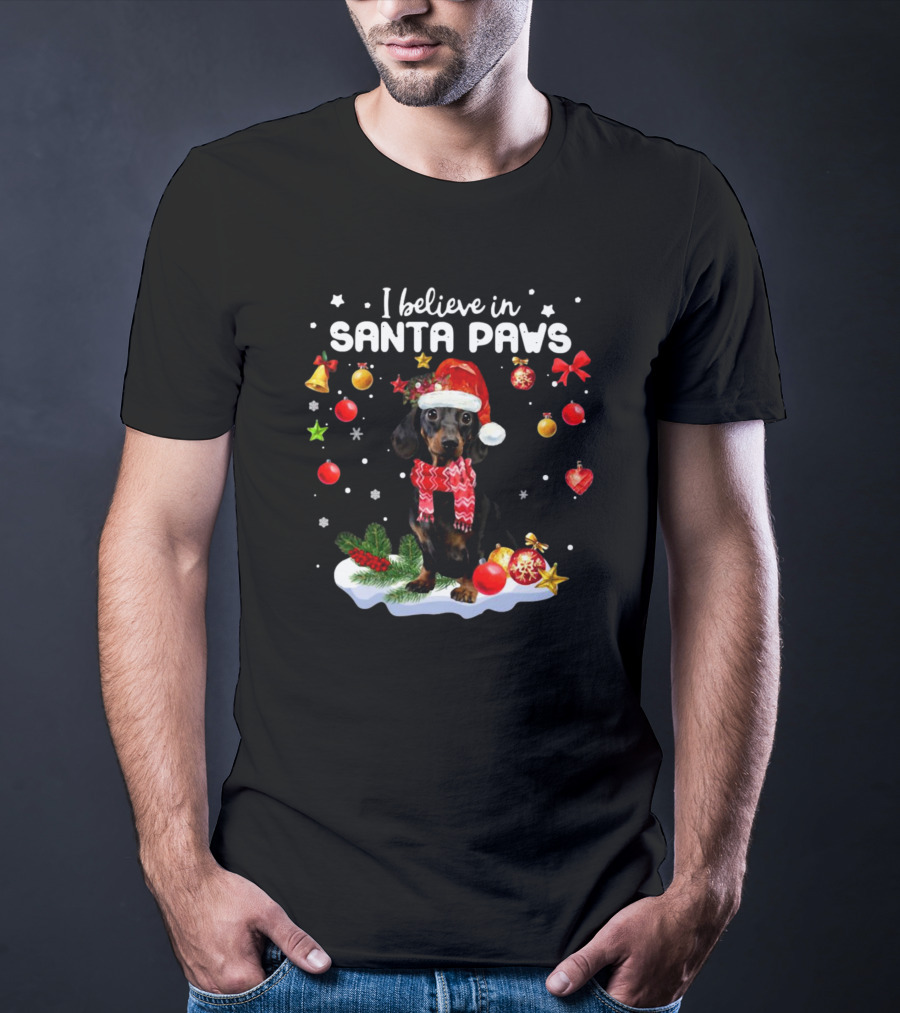 I Believe In Santa Paws Dachshund Merry Christmas T-Shirt