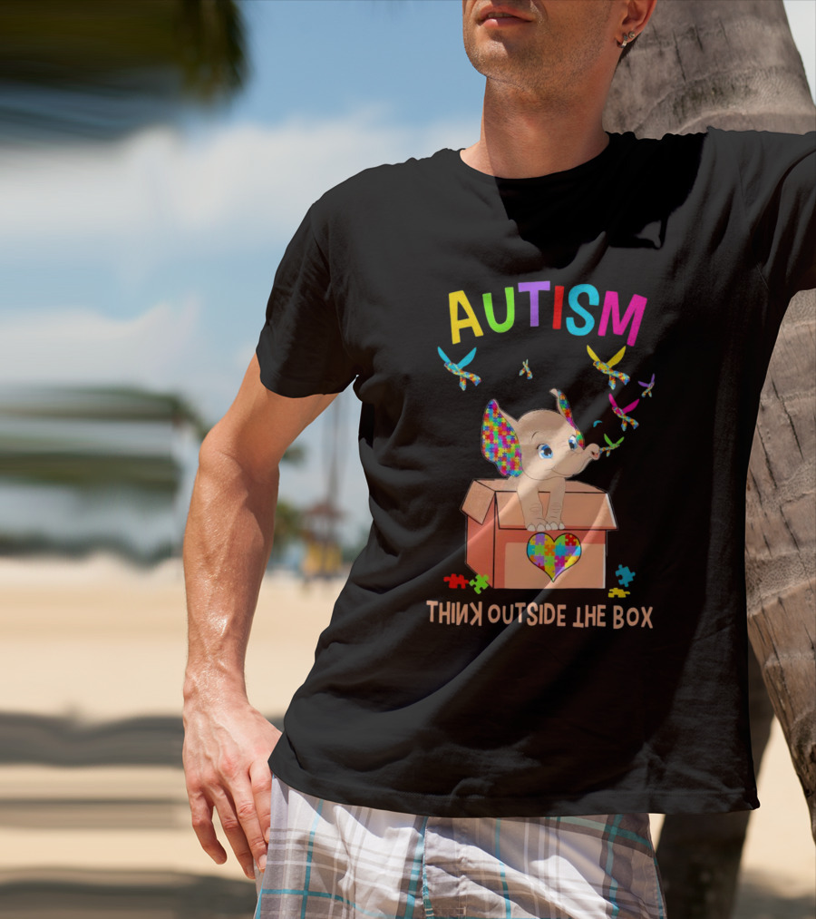 AUTISM Think Outside The Box Elephant With Puzzle Pieces And Butterflies T-Shirt