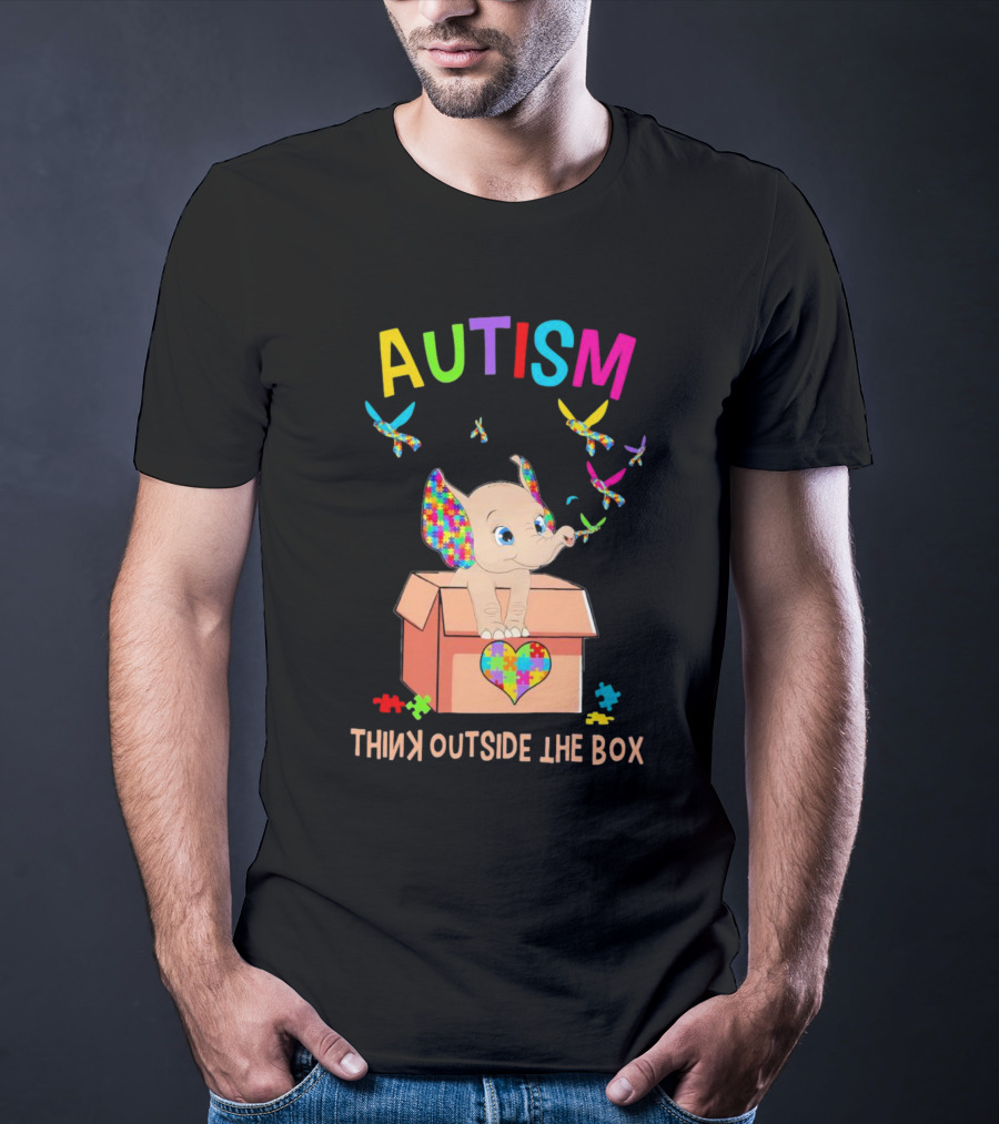 AUTISM Think Outside The Box Elephant With Puzzle Pieces And Butterflies T-Shirt