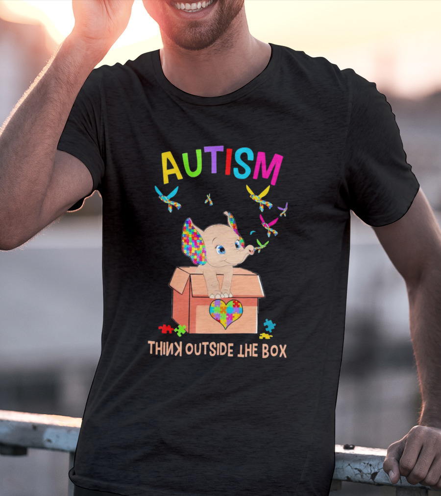 AUTISM Think Outside The Box Elephant With Puzzle Pieces And Butterflies T-Shirt