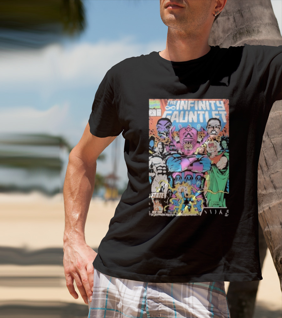 The Infinity Gauntlet Marvel Comics Cover Featuring Iconic Characters Galactus And Artistry T-Shirt