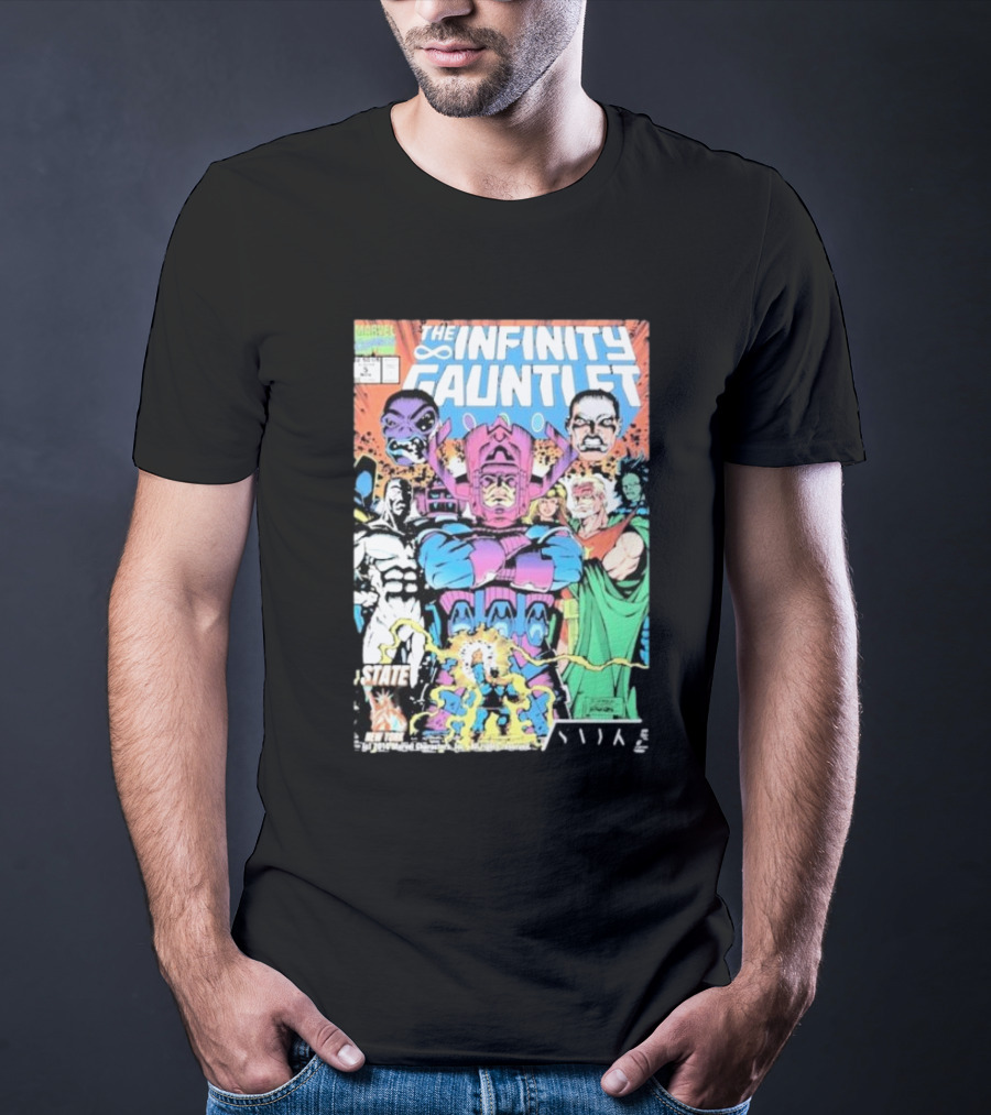 The Infinity Gauntlet Marvel Comics Cover Featuring Iconic Characters Galactus And Artistry T-Shirt