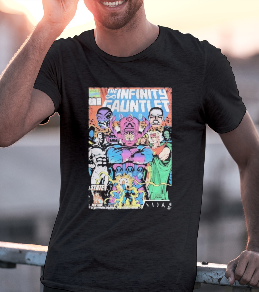 The Infinity Gauntlet Marvel Comics Cover Featuring Iconic Characters Galactus And Artistry T-Shirt