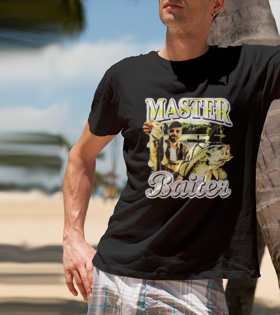 MASTER BAITER Fisherman Holding Fish In Lake Scene T-Shirt