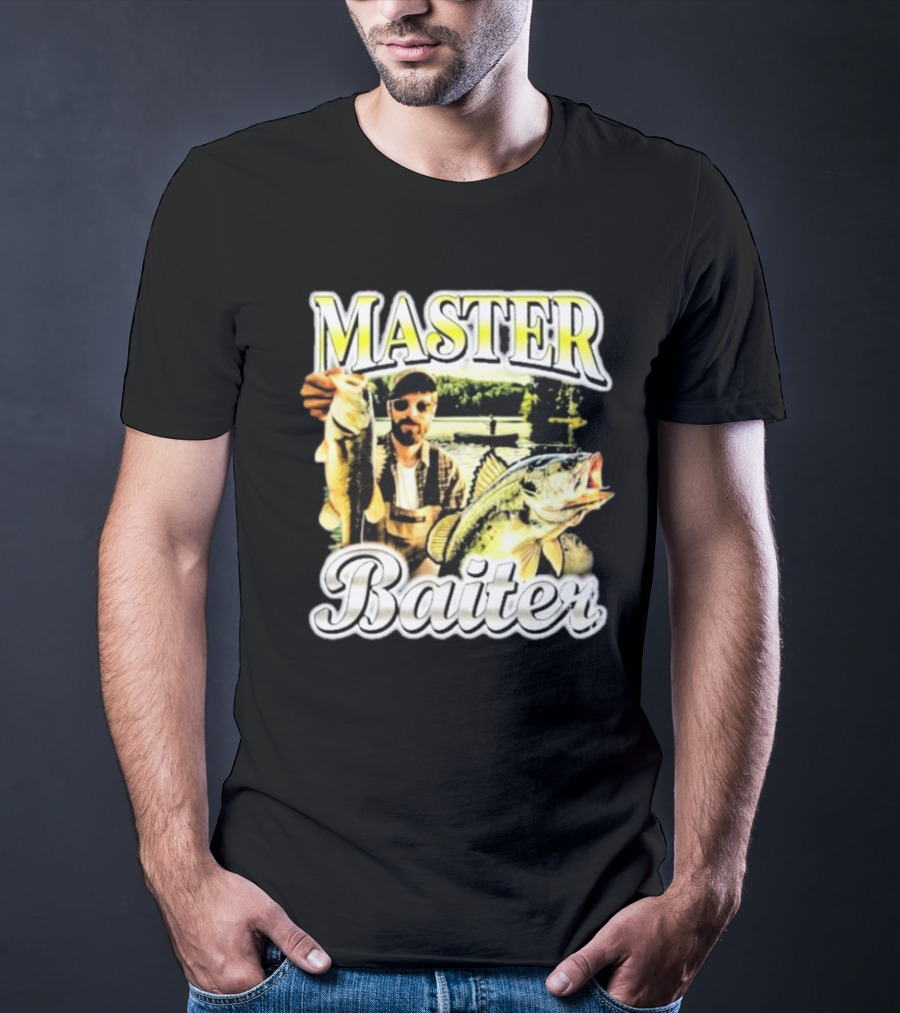 MASTER BAITER Fisherman Holding Fish In Lake Scene T-Shirt