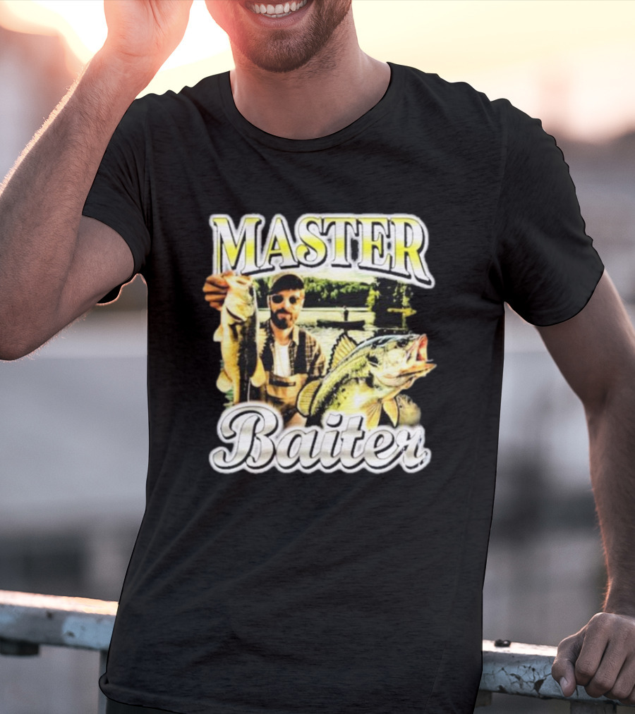 MASTER BAITER Fisherman Holding Fish In Lake Scene T-Shirt