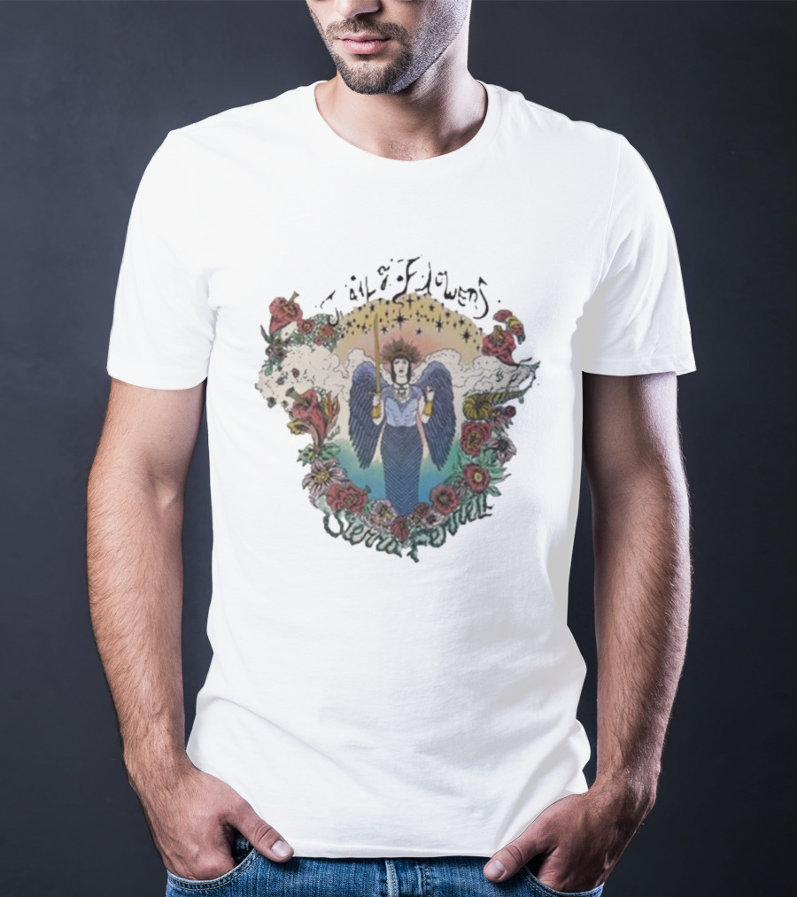 Sierra Ferrell Trail Of Flowers Angelic Winged Figure Surrounded By Floral Frame T-Shirt