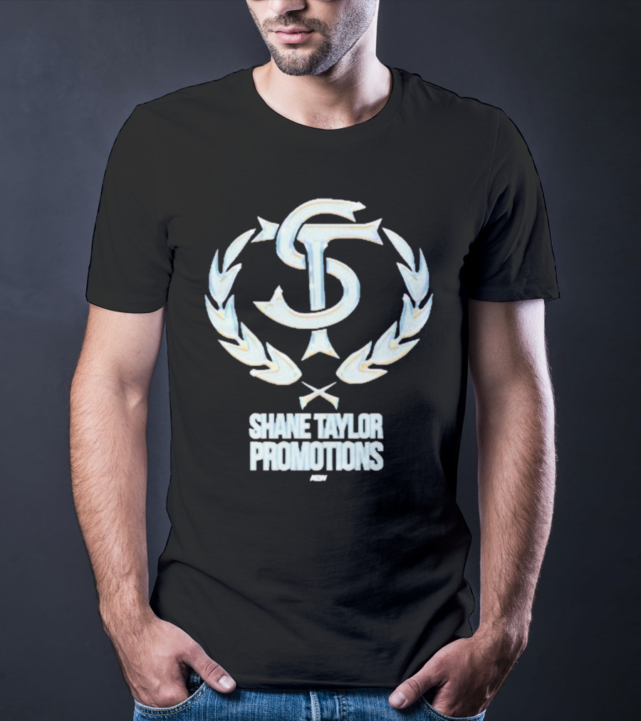Shane Taylor Promotions ST Logo With Wreath Symbol Above AEW Text T-Shirt