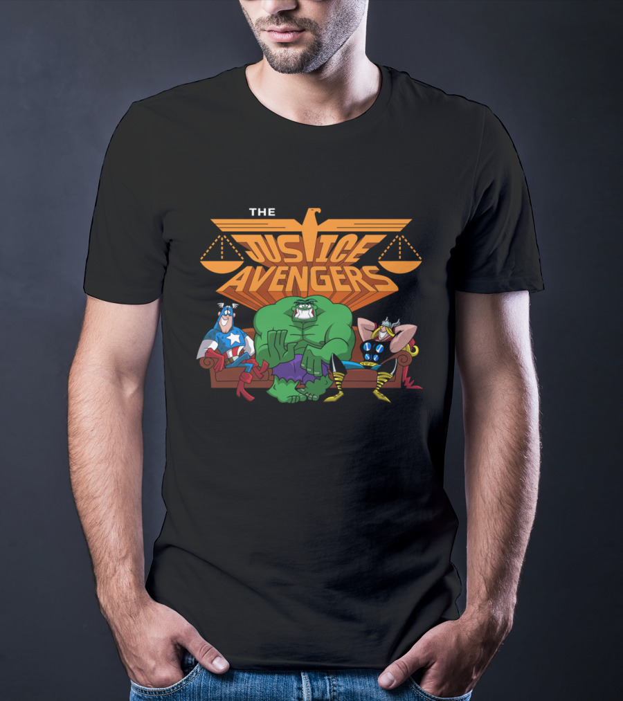 The Justice Avengers Hero Parody Featuring Scales Of Justice And Warrior Figures T-Shirt