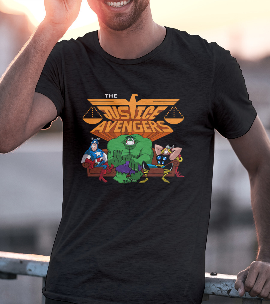The Justice Avengers Hero Parody Featuring Scales Of Justice And Warrior Figures T-Shirt