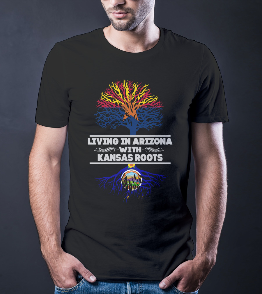 Living In Arizona With Kansas Roots Tree Design Featuring State Colors T-Shirt