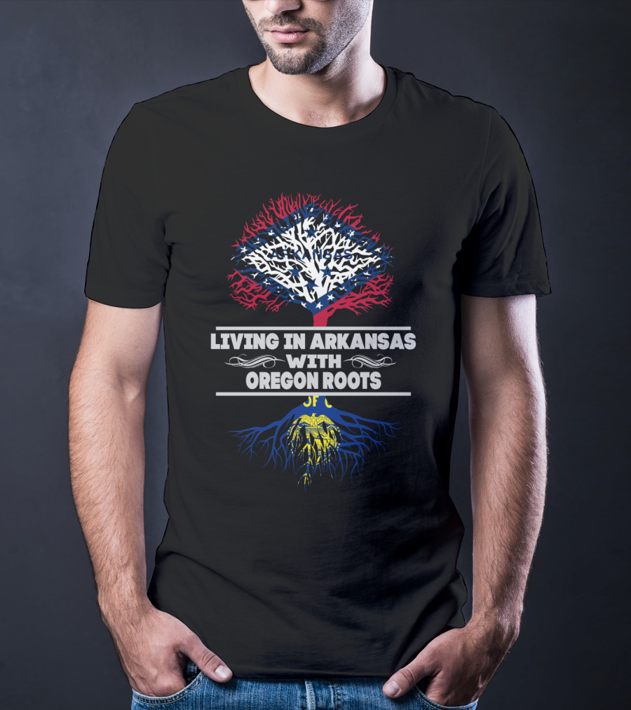 Living In Arkansas With Oregon Roots Patriotic Tree Design Featuring State Flag Elements T-Shirt