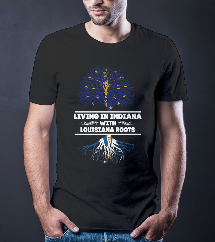 Living In Indiana With Louisiana Roots Blue And Gold Tree With Stars And White Roots T-Shirt