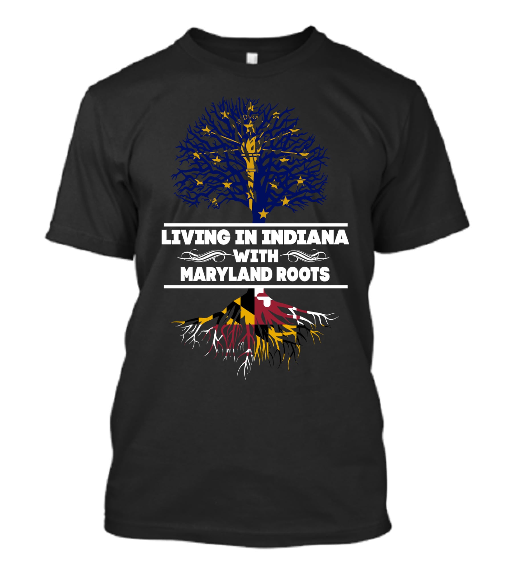 Indiana Living With Strong Maryland Roots Featuring State Flag Colors Of Blue And Yellow Tree T-Shirt