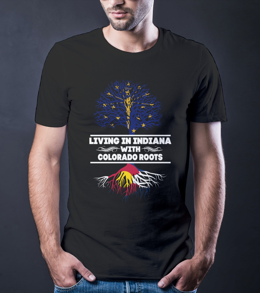 Indiana Skyline And Colorado Flag Tree Symbolizing Living In Indiana With Colorado Roots T-Shirt
