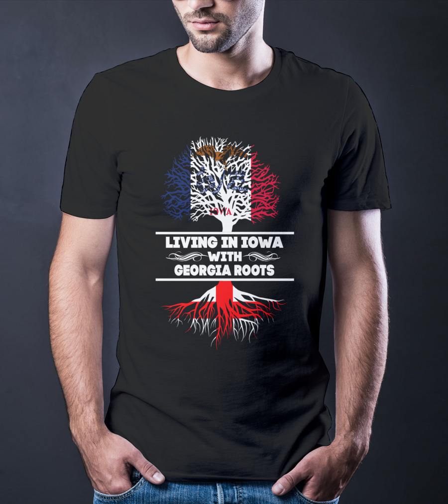 Iowa Pride Tree With Georgia Heritage Roots And State Flag T-Shirt