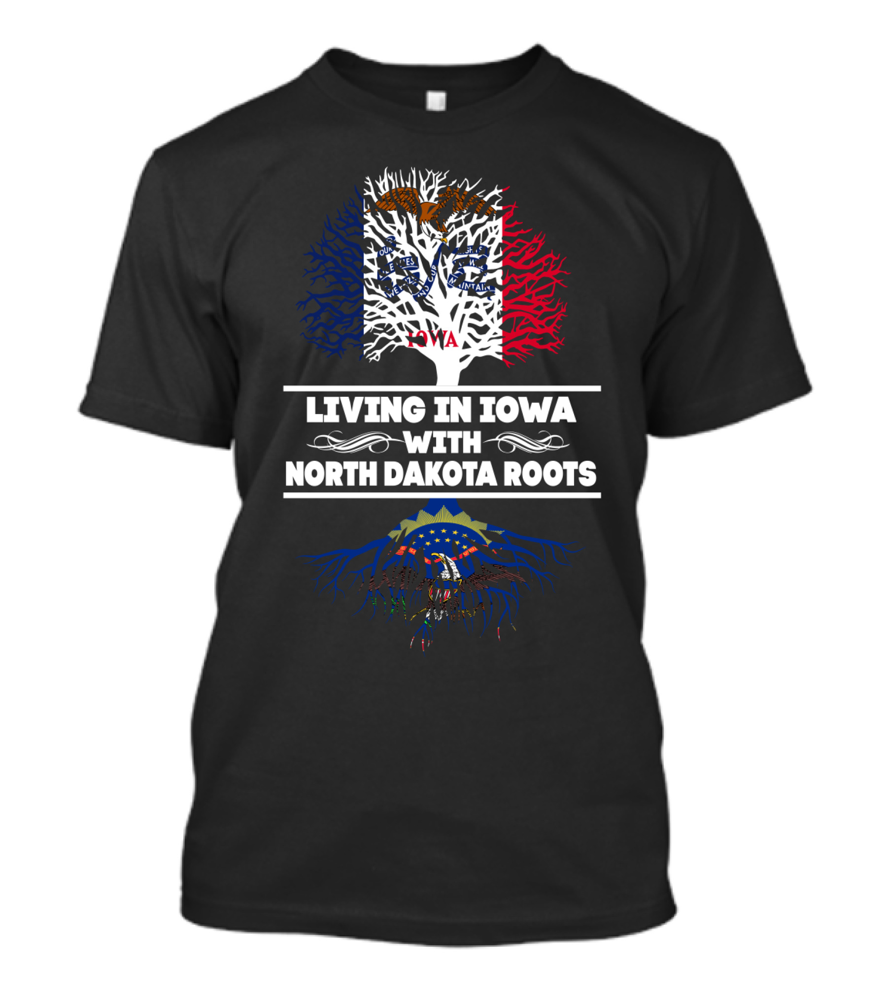 Living In Iowa With North Dakota Roots American Flag Tree T-Shirt