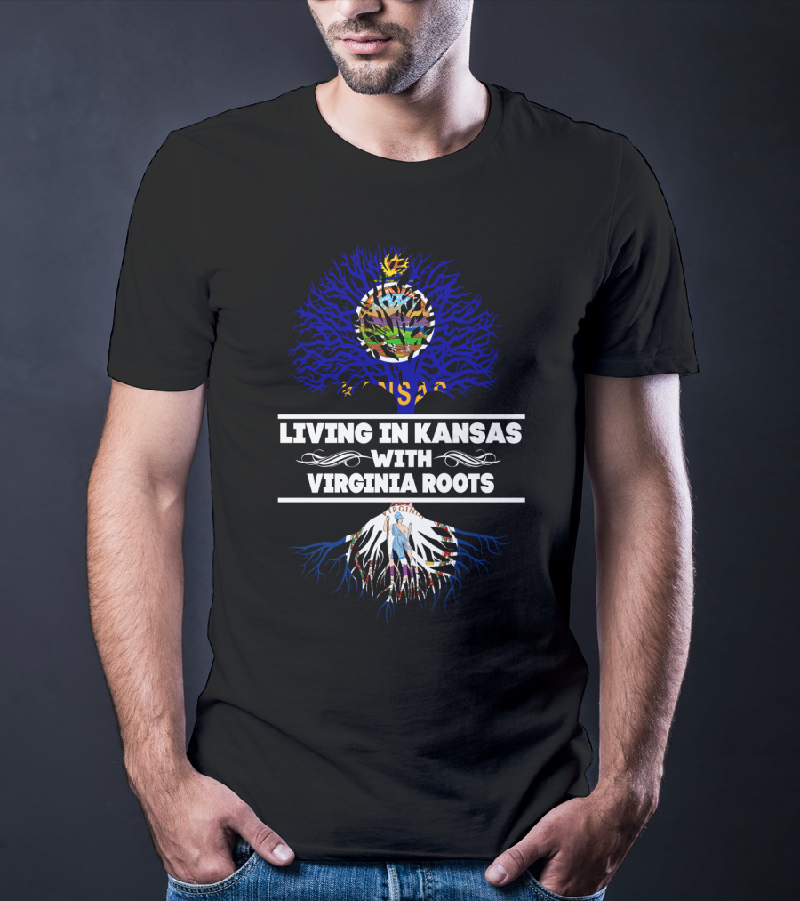 Living In Kansas Showcasing Vibrant State Flag With Proud Virginia Roots Symbolism T-Shirt