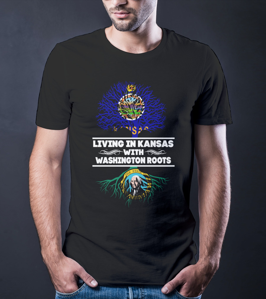 Kansas State Flag Over Washington State Seal Roots: Living In Kansas With Washington Heritage T-Shirt