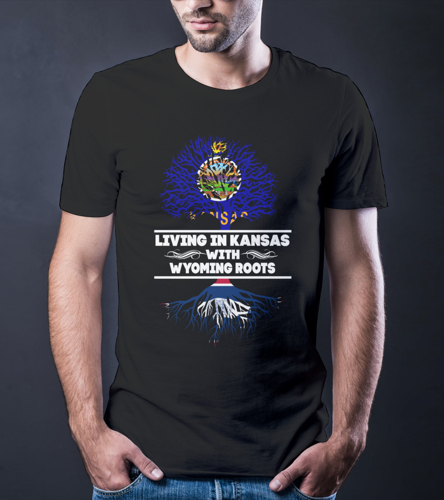Kansas State Emblem On Blue Tree With Wyoming Flag Roots Connection T-Shirt