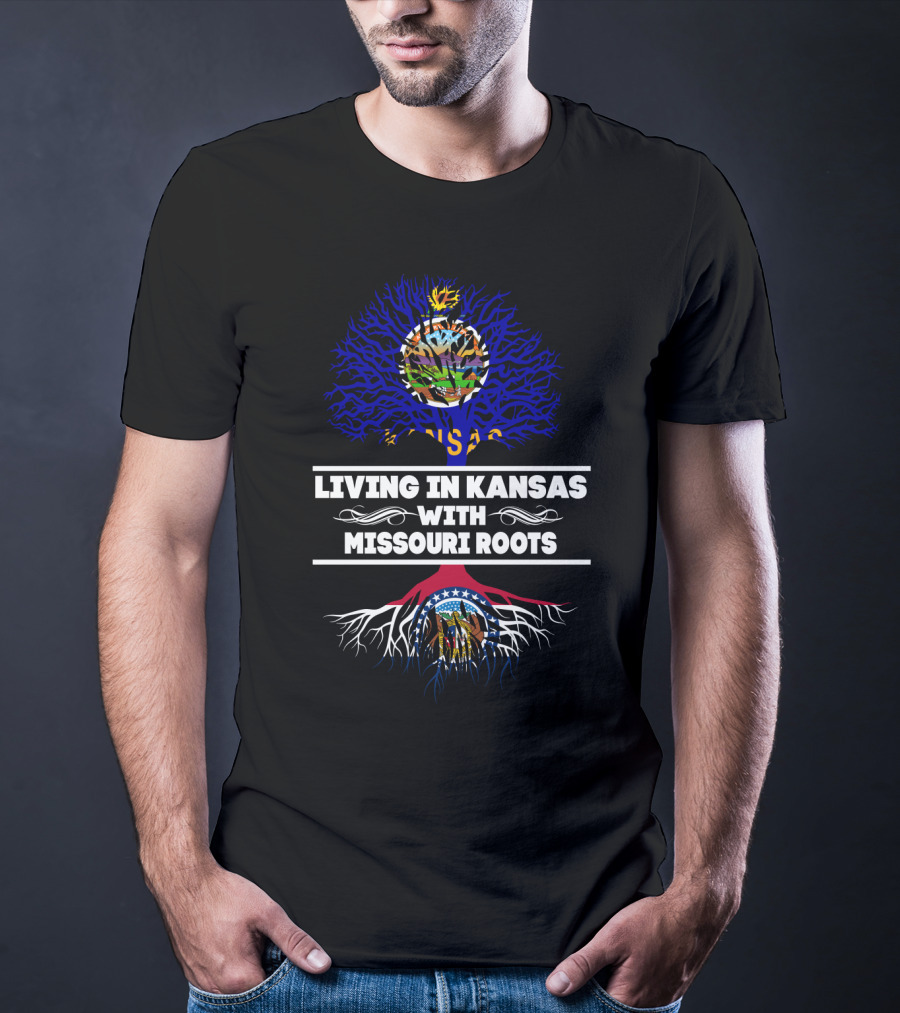 Living In Kansas With Missouri Roots Featuring State Emblems And Tree Symbolism T-Shirt