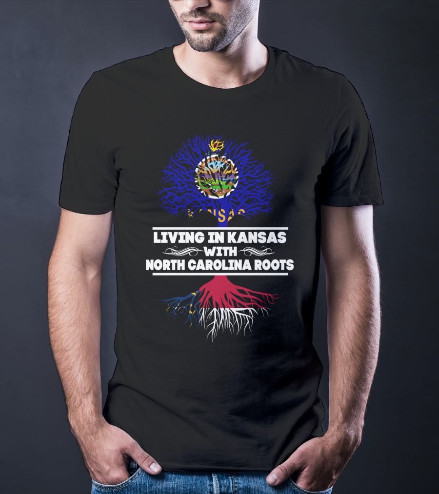 Kansas Living Embraced By North Carolina Roots With State Flag Tree T-Shirt