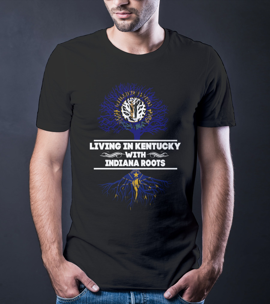 Living In Kentucky With Indiana Roots Tree Design Featuring State Symbols T-Shirt