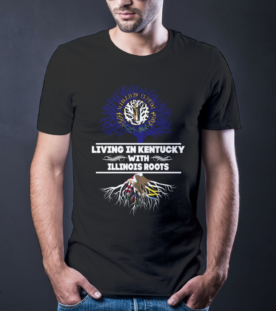 Living In Kentucky With Illinois Roots Tree Design Featuring State Symbols T-Shirt