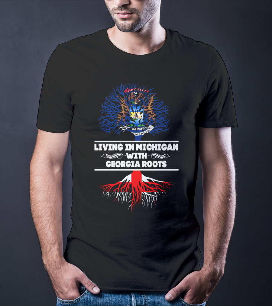 Michigan And Georgia Connection: Embracing State Roots With Iconic Tree And Flag Symbolism T-Shirt