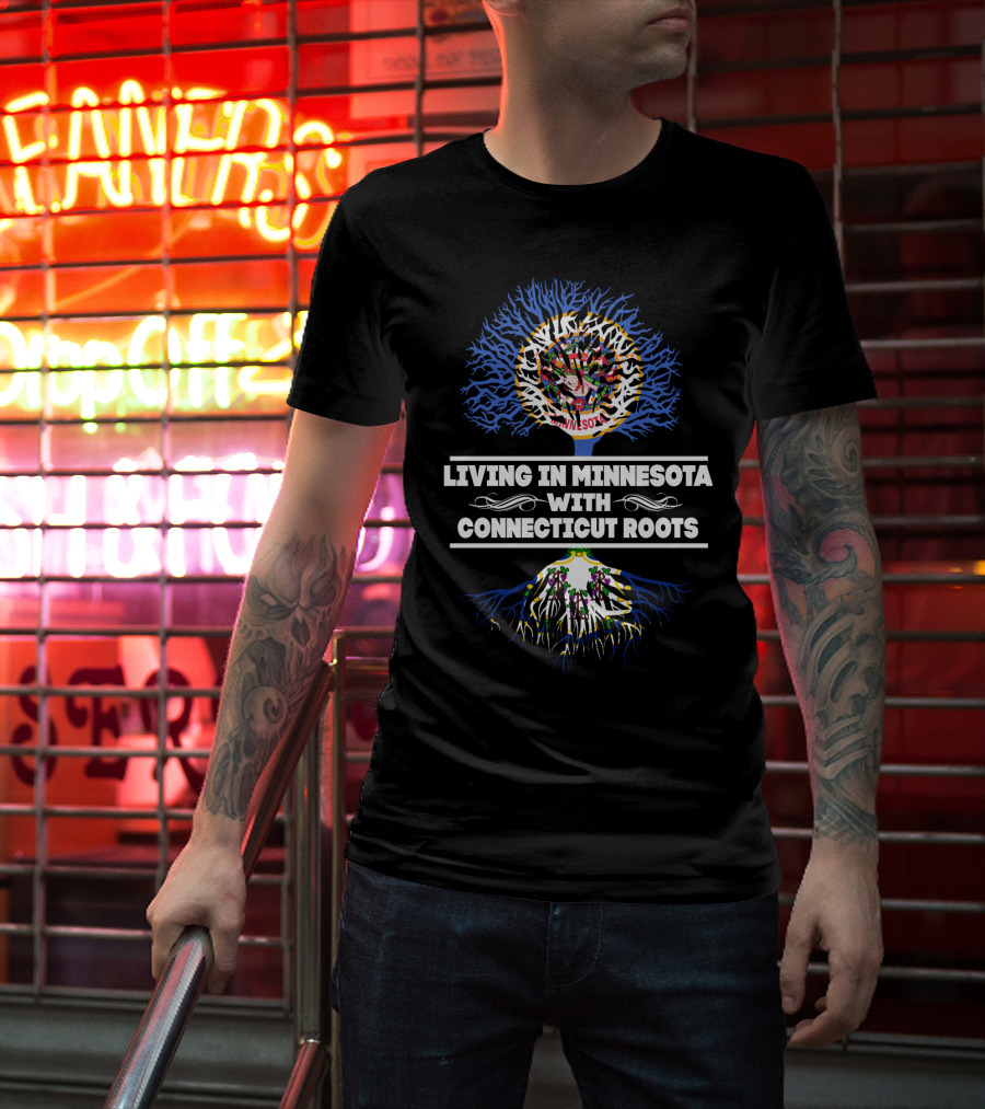 Living In Minnesota With Connecticut Roots Featuring State Seals On Tree T-Shirt