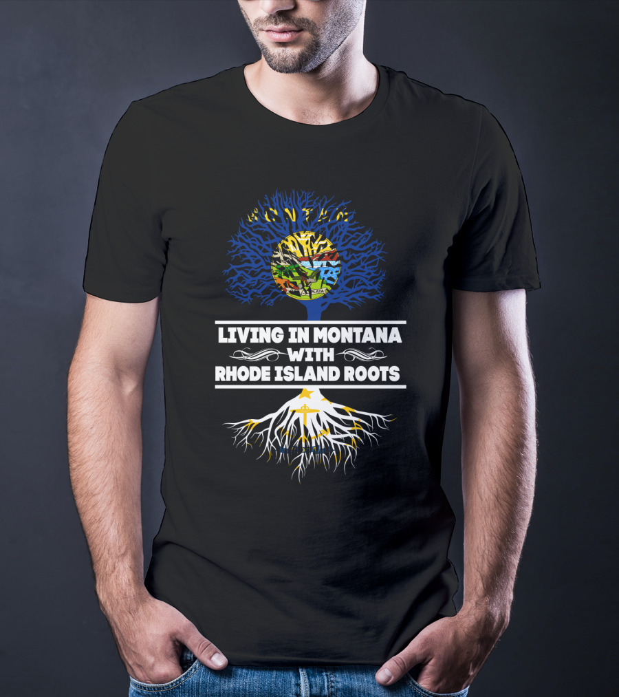 Montana Heritage Tree With Rhode Island Roots Connection Displaying State Flags T-Shirt