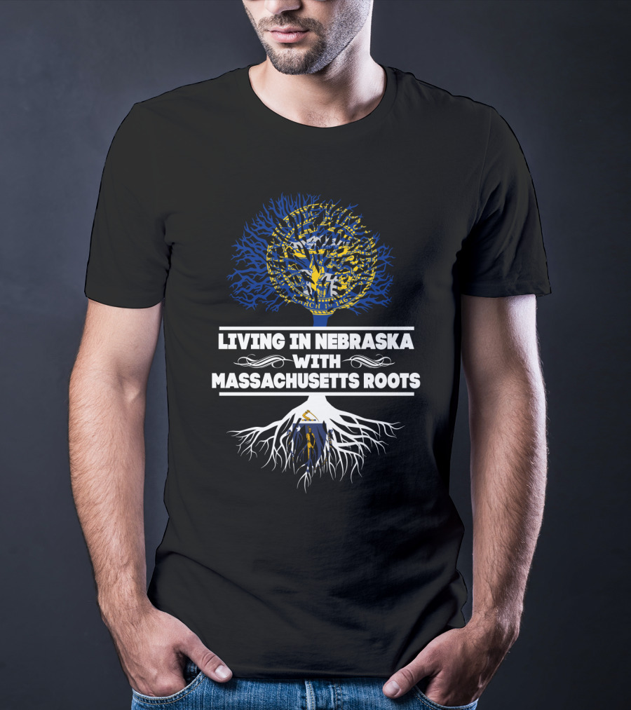 Nebraska Living With Massachusetts Roots Featuring State Seals And Tree T-Shirt