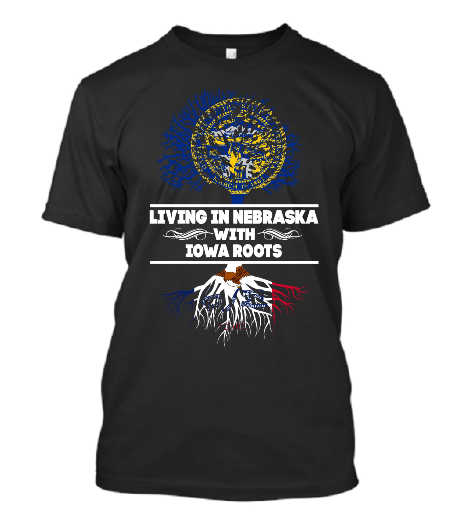 Nebraska Living With Iowa Roots Featuring State Seals And Tree T-Shirt