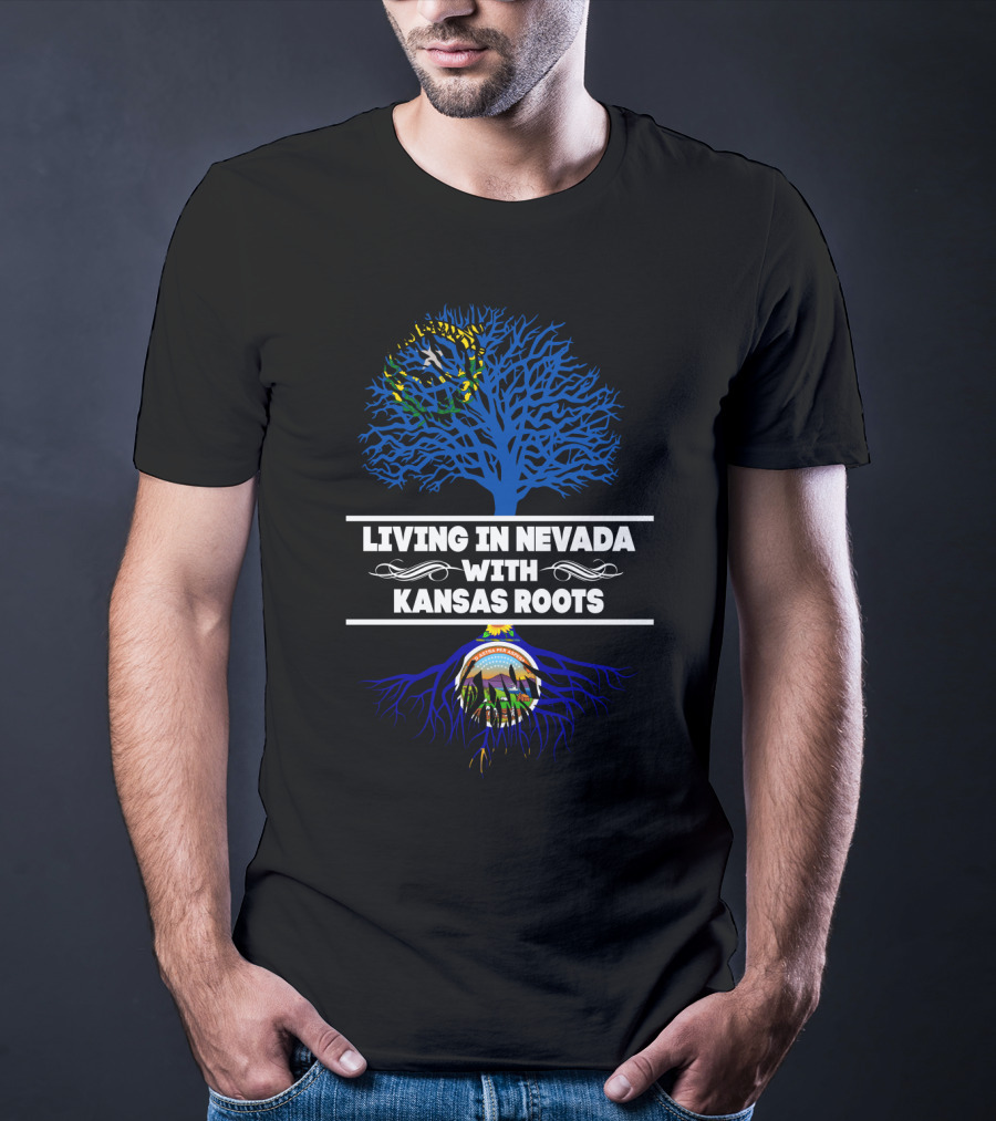 Living In Nevada With Kansas Roots Flag Tree And State Seal Elements T-Shirt