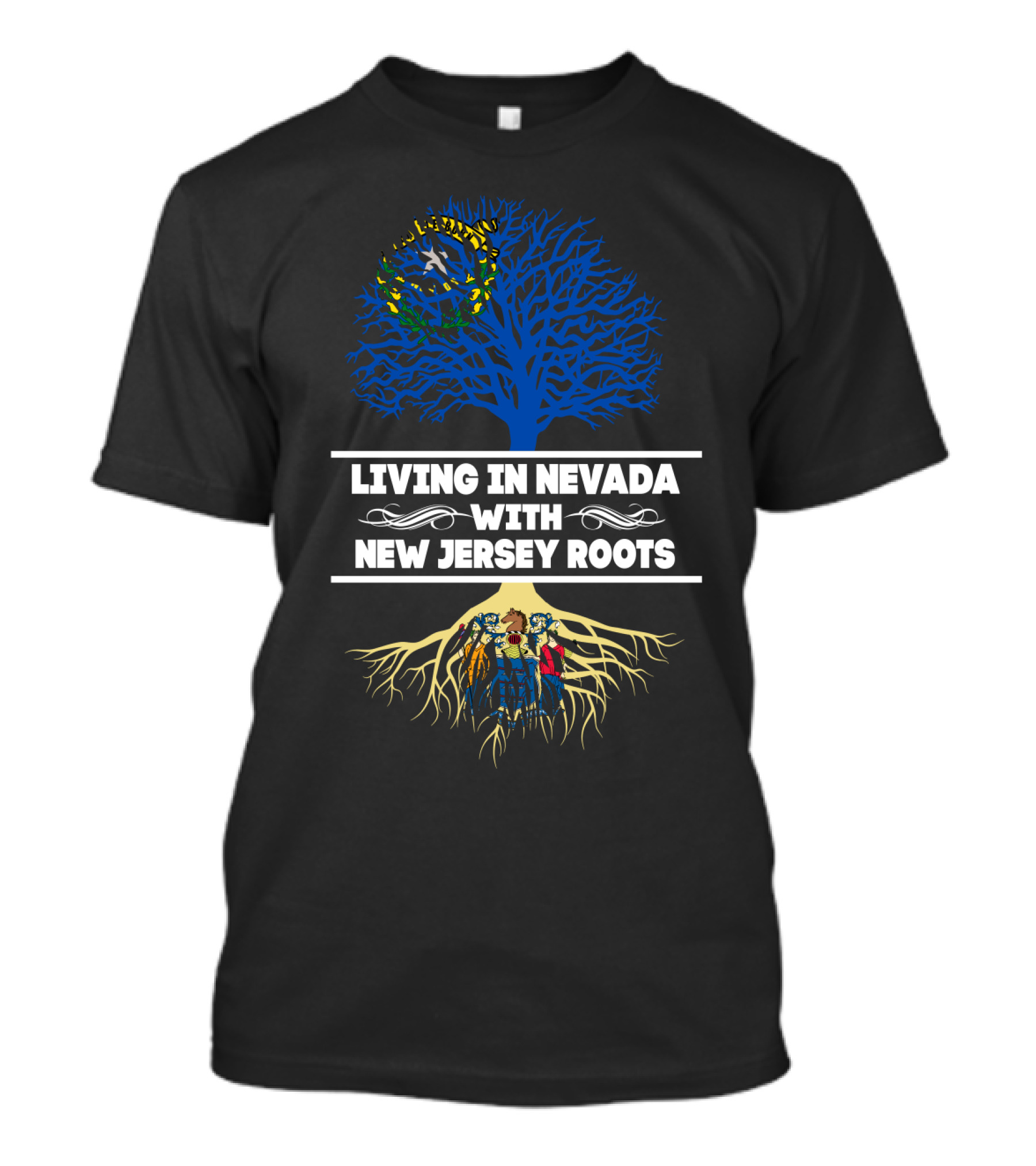 Living In Nevada With New Jersey Roots Blue And Yellow Tree With People Entwined In Roots T-Shirt