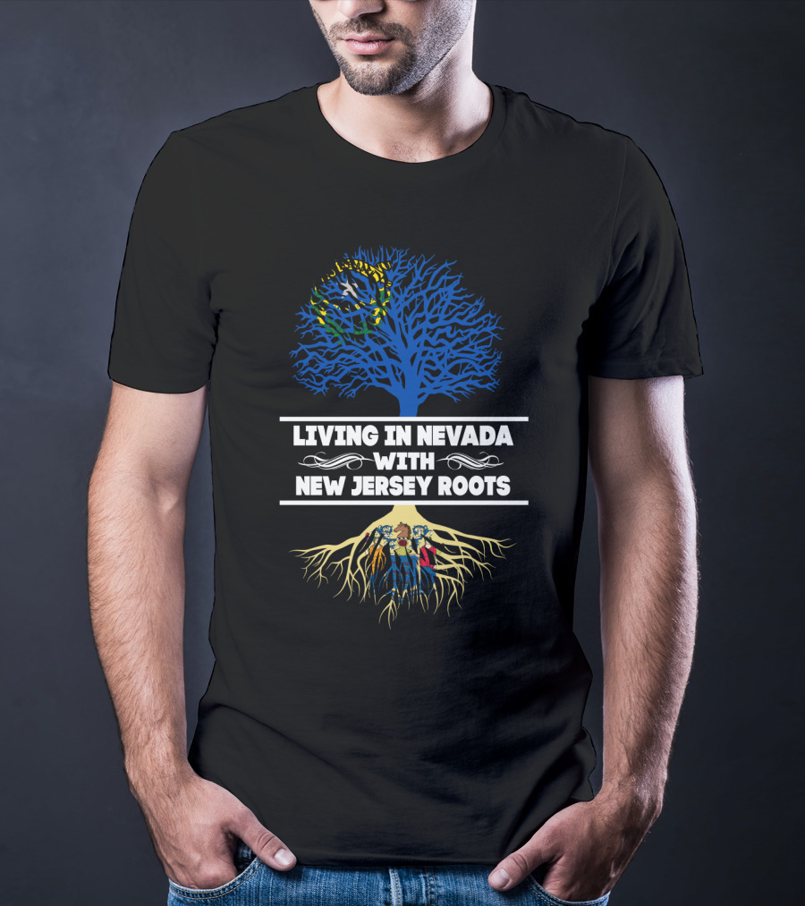 Living In Nevada With New Jersey Roots Blue And Yellow Tree With People Entwined In Roots T-Shirt