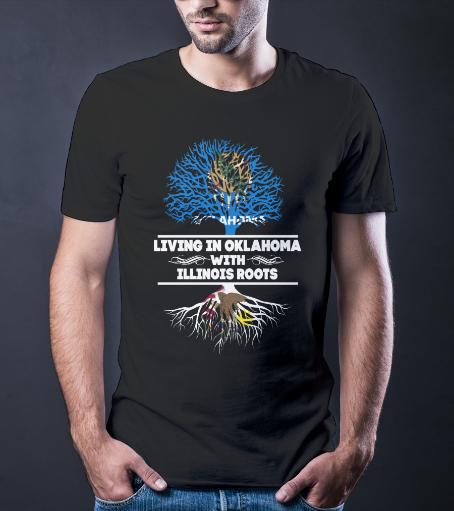 Living In Oklahoma With Illinois Roots Tree Graphic State Pride T-Shirt