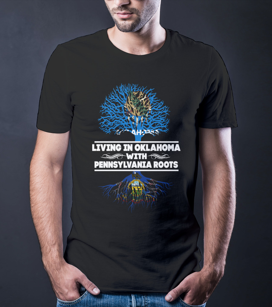 Oklahoma Living Pennsylvania Roots Blue Tree With Camo Top And Pennsylvania State Symbols T-Shirt