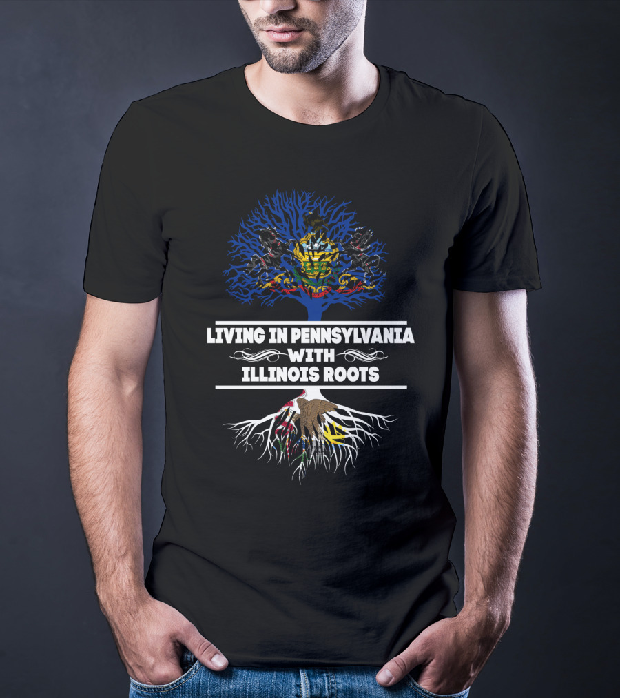 Living In Pennsylvania With Illinois Roots Tree Featuring State Symbols T-Shirt