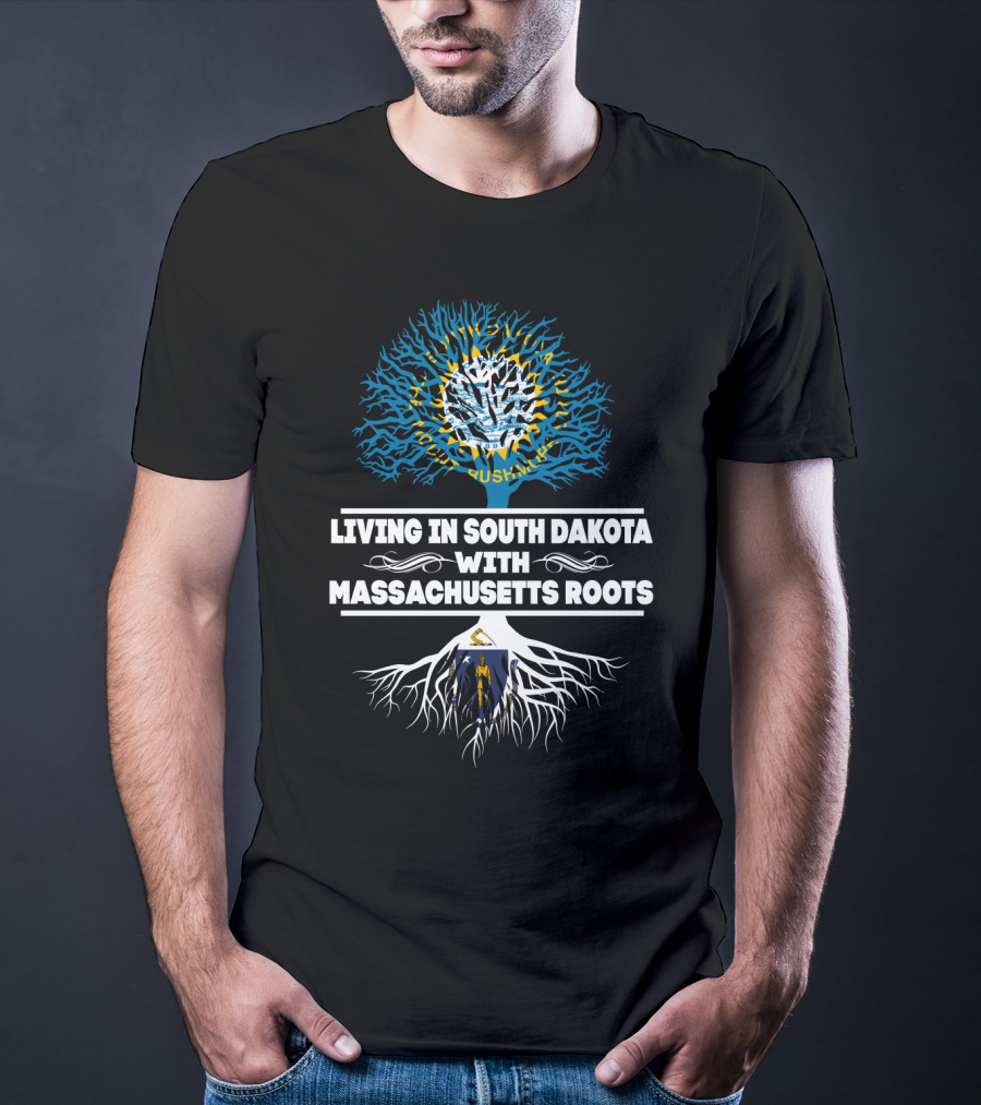 Living In South Dakota With Massachusetts Roots State Flags Tree T-Shirt