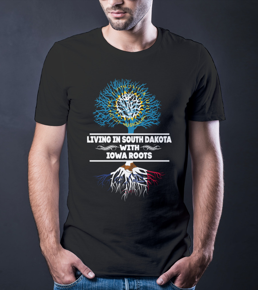 Living In South Dakota With Iowa Roots Tree Design Featuring State Flags And United States Map Elements T-Shirt